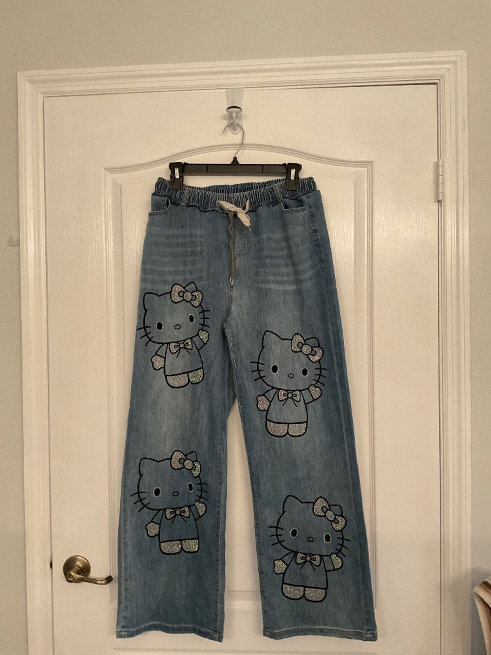 Hello Kitty Rhinestones Elastic Waist Baggy Blue Handmade Jeans size L